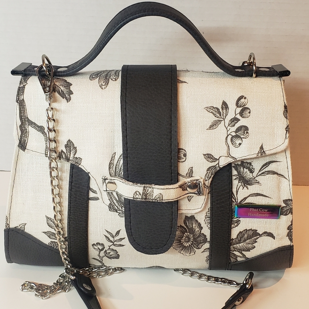 Floral Print Black and White Handbag